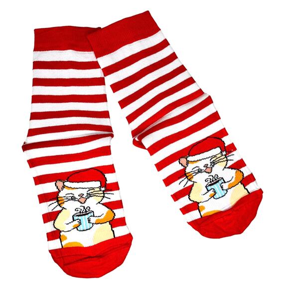 Red White Striped Christmas Cat Novelty Socks - NIP - Picture 1 of 3